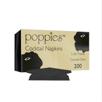 Poppies Black Cocktail Napkins 24cm 2 Ply – Pack of 2000 | Disposable Bar & Catering Napkins